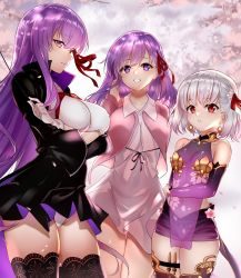 Rule 34 | 3girls, bb (fate), bb (fate/extra), black coat, black legwear, blush, breasts, coat, detached sleeves, dress, earrings, fate/extra, fate/extra ccc, fate/grand order, fate/stay night, fate (series), flower, gloves, hair ribbon, highres, holding, holding wand, jewelry, kama (fate), kama (first ascension) (fate), large breasts, leotard, long hair, long sleeves, looking at viewer, lotus, matou sakura, miniskirt, multiple girls, neck ribbon, official alternate costume, pink ribbon, purple dress, purple eyes, purple hair, purple legwear, purple sleeves, red eyes, red ribbon, ribbon, ring, short hair, silver hair, skirt, sleeveless, sleeveless dress, small breasts, thigh strap, thighhighs, thighs, very long hair, wand, white gloves, white leotard, zasshu