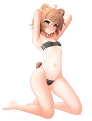 Rule 34 | 1girl, absurdres, ahoge, animal ears, armpits, arms behind head, bear ears, bear tail, black one-piece swimsuit, blush, breasts, brown eyes, brown hair, from side, grin, gris swimsuit, hair between eyes, highres, kneeling, meme attire, messy hair, navel, one-piece swimsuit, original, short hair, simple background, small breasts, smile, solo, strapless, strapless one-piece swimsuit, swimsuit, tail, thighs, white background, yan kodiac