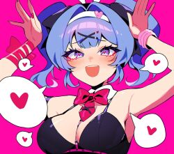 Rule 34 | 1girl, :d, animal ears, armlet, armpits, bare shoulders, black ribbon, blue eyes, blue hair, blush, bow, bowtie, bracelet, breasts, cleavage, detached collar, fake animal ears, hair ornament, hair ribbon, hairband, hands up, hatsune miku, heart, heart-shaped pupils, highres, jewelry, large breasts, long hair, looking at viewer, nail polish, open mouth, pink background, portrait, pure pure (rabbit hole), rabbit ears, rabbit hole (vocaloid), rabbit pose, red bow, red bowtie, red nails, ribbon, savi (byakushimc), sidelocks, smile, solo, spoken heart, symbol-shaped pupils, teeth, twintails, upper teeth only, vocaloid, white hairband, wrist ribbon, x hair ornament