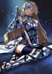 Rule 34 | 1girl, armor, armored dress, bare shoulders, blonde hair, blue eyes, breasts, chain, fate/apocrypha, fate/grand order, fate (series), gauntlets, greaves, headpiece, helmet, highres, jeanne d&#039;arc (fate), jeanne d&#039;arc (ruler) (fate), jeanne d&#039;arc (third ascension) (fate), karlwolf, long hair, looking at viewer, ruler (fate/grand order), simple background, skirt, solo, sword, weapon