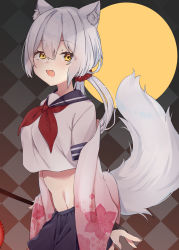 Rule 34 | 1girl, :d, abe suke, absurdres, animal ears, black sailor collar, black skirt, breasts, bridal gauntlets, commentary request, fang, fox ears, fox girl, fox tail, hair between eyes, hair ornament, hair scrunchie, highres, holding, lantern, long hair, long sleeves, looking at viewer, low ponytail, medium breasts, midriff, navel, neckerchief, open mouth, original, paper lantern, ponytail, red neckerchief, red scrunchie, sailor collar, school uniform, scrunchie, serafuku, shirt, skirt, smile, solo, tail, tail raised, very long hair, white hair, white shirt, wide sleeves, yellow eyes