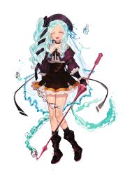 Rule 34 | 1girl, ^ ^, bad id, bad pixiv id, blue hair, boots, closed eyes, closed eyes, full body, hat, highres, holding, holding weapon, kneehighs, long hair, lunchicken, open mouth, original, smile, socks, solo, teeth, transparent background, water, weapon, white background