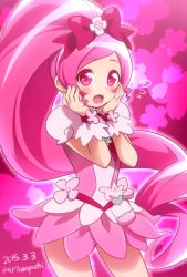 Rule 34 | 0417nao, 10s, 1girl, 2015, :o, blush, bow, cure blossom, dated, flower, hair bow, hanasaki tsubomi, hands on own face, heartcatch precure!, long hair, magical girl, pink background, pink bow, pink eyes, pink hair, pink skirt, pink theme, ponytail, precure, signature, skirt, solo, surprised, twitter username, wrist cuffs
