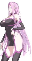 Rule 34 | 1girl, bare shoulders, black dress, black thighhighs, breasts, cleavage, collar, covered navel, detached sleeves, dress, facial mark, fate/grand order, fate/stay night, fate (series), forehead, forehead mark, garter straps, highres, large breasts, long hair, looking at viewer, medusa (fate), medusa (rider) (fate), medusa (rider) (third ascension) (fate), mogi yasunobu, parted bangs, pelvic curtain, purple eyes, purple hair, short dress, side slit, sidelocks, solo, thighhighs, thighs, very long hair