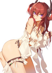 Rule 34 | 1girl, arknights, bare shoulders, bikini, black ribbon, bow, breasts, cherry, cleavage, closed mouth, criss-cross halter, detached sleeves, food, fruit, hair intakes, hair rings, halterneck, horns, large breasts, leaning forward, leg up, long hair, long sleeves, looking at viewer, mouth hold, newflame, official alternate costume, purple eyes, red hair, ribbon, side-tie bikini bottom, simple background, solo, standing, standing on one leg, surtr (arknights), surtr (colorful wonderland) (arknights), swimsuit, swimsuit cover-up, thigh strap, v-shaped eyebrows, very long hair, white background, white bow