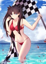 Rule 34 | 1girl, amberdl, arm up, artist name, bikini, bird, blue eyes, blue sky, breasts, brown hair, checkered flag, cleavage, closed mouth, cloud, cloudy sky, collarbone, cowboy shot, day, expressionless, falling petals, fate/stay night, fate (series), flag, hand up, holding, holding flag, long hair, medium breasts, navel, outdoors, parted bangs, petals, red bikini, sky, solo, standing, stomach, swimsuit, tohsaka rin, two side up, very long hair, wading, water