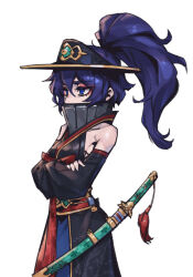 Rule 34 | 1girl, bare shoulders, black headwear, blue eyes, crossed arms, detached sleeves, from side, hair between eyes, japanese clothes, katana, kimono, long hair, original, phantom ix row, ponytail, sheath, sheathed, simple background, solo, sword, weapon, white background