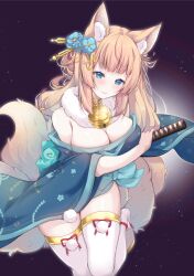 1girl absurdres anchor_hair_ornament animal_ear_fluff animal_ears azur_lane bell blonde_hair blue_bow blue_eyes blue_flower blue_kimono bow breasts cleavage flower fox_ears fox_girl fox_tail fur_collar gold_trim hair_flower hair_ornament highres holding holding_sword holding_weapon japanese_clothes katana kimono long_hair mikuchi3939 multiple_tails neck_bell niizuki_(azur_lane) off_shoulder pom_pom_(clothes) solo sword tail thighhighs weapon white_thighhighs wide_sleeves