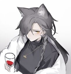 Rule 34 | 1girl, akechi (826988799), animal ears, arknights, black shirt, braid, closed mouth, coat, cup, drinking glass, from above, grey hair, hair over one eye, hair slicked back, highres, holding, holding cup, jewelry, long hair, mole, mole above eye, necklace, official alternate costume, penance (arknights), penance (occasionally flushed) (arknights), shirt, simple background, solo, white coat, wine glass, wolf ears, wolf girl, yellow eyes
