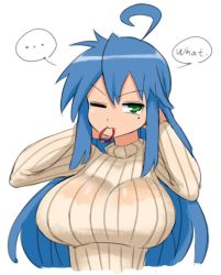Rule 34 | ..., 1girl, adjusting hair, aged up, ahoge, alternate breast size, alternate costume, arms up, bad id, bad twitter id, blue hair, bra, bra visible through clothes, breasts, english text, green eyes, hair tie, izumi konata, large breasts, long hair, long sleeves, lucky star, minuspal, mole, mole under eye, mouth hold, one eye closed, ribbed sweater, see-through, simple background, solo, speech bubble, spoken ellipsis, sweater, underwear, upper body, white background, white bra