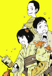 Rule 34 | 1girl, 2boys, absurdres, black hair, brown sash, commentary request, crossed arms, fish, flat color, flower, food, goldfish, green kimono, hair flower, hair ornament, highres, holding, hosoo, japanese clothes, kimono, long sleeves, looking at viewer, multiple boys, onigiri, open mouth, original, sack, sash, short hair, skirt, white skirt, yellow background