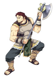 Rule 34 | 1boy, agahari, armor, axe, battle axe, breastplate, dorcas (fire emblem), fire emblem, fire emblem: the blazing blade, holding, holding axe, holding weapon, muscular, muscular male, nintendo, red hair, sandals, short hair, simple background, solo, weapon, white background