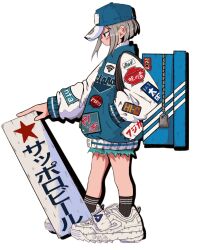 Rule 34 | 1girl, aqua shorts, backpack, bag, baseball cap, black socks, blue hat, blue jacket, clothes writing, drop shadow, fila, from side, full body, grey hair, hand in pocket, hat, highres, holding, holding sign, jacket, jitome, lego, long sleeves, nao97122, original, patch, profile, revision, shoe box, shoes, short hair, shorts, sidelocks, sign, simple background, sneakers, socks, solo, standing, streetwear, white background, white footwear, white sleeves, zipper, zipper pull tab