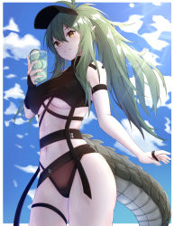 Rule 34 | 1girl, absurdres, antenna hair, arknights, arm strap, bare shoulders, bikini, black bikini, breasts, cloud, covered erect nipples, cowboy shot, crocodilian tail, cup, drinking glass, gavial (arknights), green hair, grin, hand up, highres, holding, large breasts, long hair, looking at viewer, multiple straps, navel, official alternate costume, pointy ears, ponta (velmar), ponytail, sidelocks, skindentation, sky, smile, solo, stomach, swimsuit, tail, taut bikini, taut clothes, thigh strap, thighs, turtleneck, underboob, v-shaped eyebrows, visor cap, yellow eyes