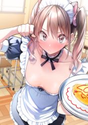 Rule 34 | 1girl, absurdres, animal ears, blush, breasts, brown eyes, brown hair, classroom, commentary, detached collar, downblouse, fake animal ears, food, highres, looking at viewer, maid, maid cafe, omelet, omurice, original, paw pose, pov, puffy short sleeves, puffy sleeves, rinku (rin9), short sleeves, small breasts, solo, twintails