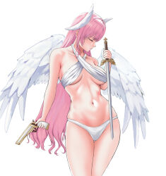 Rule 34 | 1girl, breasts, closed eyes, closed mouth, dorothy (nikke), feathered wings, goddess of victory: nikke, gun, hair ornament, highres, holding, holding gun, holding sword, holding weapon, large breasts, long hair, mikhdrag, navel, panties, pink hair, simple background, solo, sword, thigh gap, underwear, weapon, white background, white panties, wings