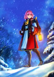 Rule 34 | 1girl, absurdres, backpack, bag, blue sky, closed mouth, dress, fire emblem, fire emblem engage, full body, hair ribbon, hairband, highres, lantern, lapis (fire emblem), light smile, nintendo, pink eyes, pink hair, red hairband, ribbon, sethkiel, short hair, sky, snow, snowing, solo, standing, tree, white ribbon