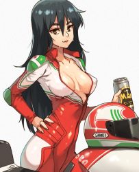 Rule 34 | 1girl, beer can, biker clothes, bikesuit, black hair, bodysuit, breasts, breasts apart, brown eyes, can, closed mouth, contrapposto, covered erect nipples, cowboy shot, drink can, golden boy, hair between eyes, hand on own hip, helmet, holding, holding can, long hair, long sleeves, looking at viewer, medium breasts, motor vehicle, motorcycle, motorcycle helmet, photo-referenced, red bodysuit, seductive smile, simple background, smile, solo, standing, terayama reiko, unworn headwear, unworn helmet, unzipped, vins-mousseux, wet, wet hair, white background