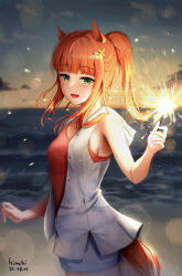Rule 34 | 1girl, :d, absurdres, alternate hairstyle, animal ears, artist name, bad id, bad pixiv id, bare shoulders, blunt bangs, blurry, blurry background, blush, buttons, cloud, commentary request, cowboy shot, dated, eyelashes, fireworks, green eyes, hair ornament, hairclip, hand up, highres, holding, holding fireworks, hood, hood down, hooded jacket, horizon, horse ears, horse girl, horse tail, jacket, kimchi (user mpzz8457), lens flare, light particles, long hair, looking at viewer, night, night sky, ocean, off shoulder, open clothes, open jacket, open mouth, orange hair, outdoors, ponytail, red shirt, shirt, short shorts, shorts, sidelocks, silence suzuka (umamusume), sky, sleeveless, sleeveless jacket, sleeveless shirt, smile, solo, sparkler, standing, sunset, tail, umamusume, water, white jacket, white shorts