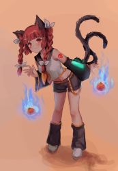 Rule 34 | 1girl, :3, alternate costume, animal ears, bare shoulders, black shorts, blue fire, blunt bangs, blunt ends, blush, bow, braid, cat ears, cat tail, closed mouth, cosplay, detached sleeves, fingernails, fire, full body, gold trim, hair bow, hair ornament, hair ribbon, hairpin, hand up, highres, himuhino, hitodama, kaenbyou rin, kagamine rin, leg warmers, leg warmers past ankles, light smile, long hair, looking at viewer, midriff, multiple tails, nail polish, name connection, neckerchief, nekomata, orange neckerchief, pink background, red eyes, red hair, red nails, ribbon, sailor collar, sharp fingernails, shirt, short shorts, shorts, simple background, skull tattoo, sleeveless, sleeveless shirt, solo, standing, tail, touhou, tress ribbon, twin braids, twintails, two tails, white bow, white footwear, white shirt, wide sleeves