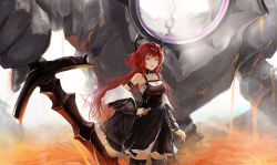 Rule 34 | 1girl, absurdres, ahong, arknights, armband, black dress, black thighhighs, commentary request, cowboy shot, dress, hand on own hip, highres, horns, huge filesize, infection monitor (arknights), long hair, looking at viewer, purple eyes, red hair, short dress, solo, standing, surtr (arknights), thighhighs, very long hair