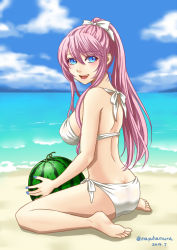 Rule 34 | 1girl, alternate hairstyle, ass, back, bare back, bare legs, bare shoulders, barefoot, beach, bikini, blue eyes, blush, breasts, butt crack, cloud, dated, day, feet, food, fruit, hair between eyes, hair ribbon, hamura mayu, happy, large breasts, legs, long hair, looking at viewer, looking back, megurine luka, neck, outdoors, pink hair, ponytail, ribbon, round teeth, sand, sideboob, sitting, sky, smile, swimsuit, teeth, twitter username, vocaloid, wariza, water, watermelon, white ribbon