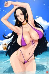 Rule 34 | 1girl, areola slip, armpits, arms up, bare arms, bare shoulders, bikini, black hair, blue eyes, blush, boa hancock, breasts, choker, cleavage, covered erect nipples, earrings, female pubic hair, huge breasts, jewelry, krabbytheartist, large areolae, large breasts, long hair, looking at viewer, nail polish, one piece, pubic hair, purple bikini, shiny skin, simple background, solo, sweat, swimsuit, upper body, wide hips