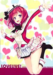 Rule 34 | 10s, 1girl, :d, absurdres, blazer, copyright name, female focus, hat, heart, heart background, highres, jacket, love live!, love live! school idol festival, love live! school idol project, nishikino maki, open \m/, open mouth, purple eyes, red hair, rotated, skirt, smile, solo, yuuki hagure