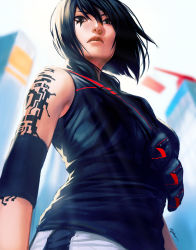 Rule 34 | 1girl, backlighting, black eyes, black hair, elbow pads, facial tattoo, faith connors, from below, gradient background, lips, mirror&#039;s edge, nose, pouch, rejean dubois, short hair, sleeveless, solo, tattoo
