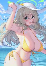 Rule 34 | 1girl, absurdres, armpits, bare shoulders, beach, bikini, blue archive, blush, breasts, cleavage, collarbone, curvy, floating hair, front-tie bikini top, front-tie top, green eyes, groin, hair between eyes, halo, hat, highres, himeliofon, holding, holding clothes, holding hat, huge breasts, leaning forward, light brown hair, long hair, looking at viewer, navel, nonomi (blue archive), ocean, open mouth, side-tie bikini bottom, skindentation, sky, smile, solo, sun hat, swept bangs, swimsuit, tareme, thick thighs, thighs, water drop, white hat, yellow bikini