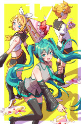 1boy 2girls absurdres aqua_necktie aqua_shirt black_sailor_collar black_shorts blue_eyes blue_hair breasts cake flat_chest food hatsune_miku highres kagamine_len kagamine_rin linsuan_er_qing_an multiple_girls neckerchief necktie puffy_sleeves sailor_collar shirt shorts sleeveless sleeveless_shirt strawberry_shortcake throwing twintails vocaloid white_shirt yellow_neckerchief