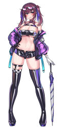 Rule 34 | 1girl, absurdres, asymmetrical gloves, black choker, black gloves, blue eyes, blush, boots, breasts, brown hair, cevio, choker, cleavage, closed umbrella, elbow gloves, eyewear on head, gloves, hand on own hip, highres, jacket, kutan, large breasts, long hair, looking at viewer, mismatched gloves, mole, mole under eye, natsuki karin, navel, off shoulder, open clothes, open fly, open jacket, open mouth, race queen, short shorts, shorts, single elbow glove, solo, sweat, thigh boots, umbrella, white background, white gloves