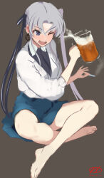 Rule 34 | 1girl, akitsushima (kancolle), alcohol, barefoot, beer, beer mug, black jacket, blue skirt, cup, grey background, grey hair, haruto (harut n), jacket, kantai collection, legs, long hair, mug, official alternate costume, one eye closed, open mouth, parted bangs, purple eyes, side ponytail, skirt, smile, solo, toes, white jacket