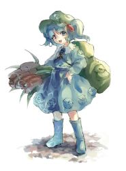 Rule 34 | 1girl, :d, backpack, bag, blue eyes, blue footwear, blue hair, blue shirt, blue skirt, boots, commentary, flat cap, full body, green bag, green hat, hair bobbles, hair ornament, hat, highres, kawashiro nitori, key, kozumi (tokuni naitteba), long sleeves, open mouth, pocket, reeds, rubber boots, shirt, simple background, skirt, smile, solo, standing, symbol-only commentary, touhou, white background