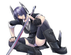Rule 34 | 10s, 1girl, blood, boots, breasts, eyepatch, gloves, headgear, highres, injury, kantai collection, large breasts, looking at viewer, middle finger, nujima, open mouth, panties, purple hair, school uniform, short hair, simple background, skirt, smile, solo, striped clothes, striped panties, sword, tenryuu (kancolle), thighhighs, underwear, weapon, white background, yellow eyes