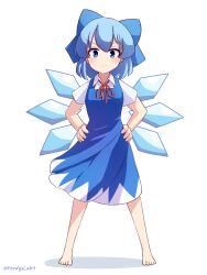 &gt;:) 1girl barefoot blue_bow blue_dress blue_eyes blush bow cirno closed_mouth commentary dress english_commentary ferdy&#039;s_lab hair_between_eyes hair_bow hands_on_own_hips highres ice ice_wings looking_at_viewer neck_ribbon puffy_short_sleeves puffy_sleeves red_ribbon ribbon short_hair short_sleeves smile solo standing touhou twitter_username v-shaped_eyebrows white_sleeves wings