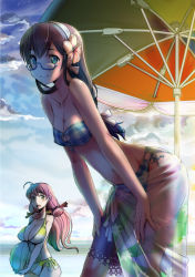 Rule 34 | 10s, 2girls, :o, ahoge, akashi (kancolle), aqua eyes, ball, bare arms, bare shoulders, beach, beachball, bikini, black hair, blue-framed eyewear, braid, breasts, cleavage, closed mouth, cloud, collarbone, commentary request, covered erect nipples, female focus, flower, green eyes, hair flower, hair ornament, hair ribbon, hairband, hands on own thighs, hibiscus, holding, holding ball, kantai collection, large breasts, leaning, leaning forward, legs, long hair, looking at viewer, multiple girls, neck, nipples, oobayashi mori, ooyodo (kancolle), open mouth, outdoors, parasol, pink hair, plaid, plaid bikini, plaid swimsuit, red ribbon, ribbon, round teeth, sarong, see-through, semi-rimless eyewear, side-tie bikini bottom, sky, small breasts, smile, strapless, strapless bikini, swimsuit, teeth, umbrella, white hairband, white ribbon