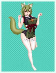 Rule 34 | 1girl, :d, absurdres, animal ears, bare shoulders, beige legwear, blush, border, breasts, clenched hands, commentary, english commentary, eyes visible through hair, full body, fur, green background, green hair, green tail, hair between eyes, hair ribbon, highres, japanese clothes, kamaitachi (monster girl encyclopedia), large breasts, legs, long hair, looking at viewer, monster girl, monster girl encyclopedia, open mouth, orange eyes, paw pose, ribbon, sash, sidelocks, simple background, sleeveless, smile, solo, standing, standing on one leg, tail, thighhighs, white ribbon, wlper