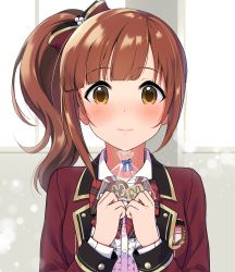 Rule 34 | 1girl, blazer, bow, brown hair, closed mouth, commentary request, facing viewer, gift, hair bow, hands up, highres, holding, holding gift, idolmaster, idolmaster cinderella girls, igarashi kyoko, jacket, long sleeves, looking at viewer, love letter (idolmaster), medium hair, natsuya (natuya777), red bow, school uniform, side ponytail, solo, upper body, valentine, yellow eyes