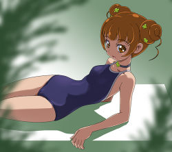 Rule 34 | 1girl, bad id, bad pixiv id, brown eyes, brown hair, cameltoe, choker, dokidoki! precure, double bun, looking at viewer, lying, one-piece swimsuit, open mouth, precure, rohitsuka, short hair, solo, swimsuit, thighs, tongue, yotsuba alice