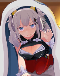 Rule 34 | 1girl, all fours, black shirt, blanket, blue eyes, blush, breasts, claw pose, cleavage, cleavage cutout, clothing cutout, commentary, d-pad, d-pad hair ornament, full body, hair ornament, hairclip, hidejiu, indoors, kaguya luna, large breasts, long hair, looking at viewer, open mouth, red thighhighs, shirt, silver hair, solo, the moon studio, thighhighs, thighs, translated, twintails, under covers, virtual youtuber, wrist cuffs