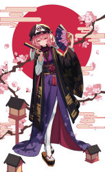 Rule 34 | 1girl, absurdres, black shirt, bow, bowtie, cherry blossoms, folding fan, full body, geta, hand fan, hands up, hat, head tilt, highres, holding, holding fan, iranon (new iranon), japanese clothes, kimono, lantern, light smile, long sleeves, looking at viewer, mob cap, pantyhose, petals, pink hair, print kimono, red sun, saigyouji yuyuko, shirt, short hair, side slit, solo, tabi, touhou, white pantyhose, wide sleeves