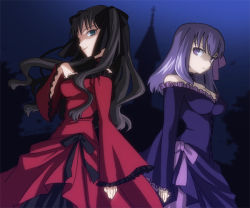 Rule 34 | 2girls, black bow, black hair, blue eyes, bow, choker, closed mouth, derivative work, dress, dress bow, expressionless, fate/hollow ataraxia, fate (series), fujihana (mugenpixel), hair bow, long hair, looking at viewer, matou sakura, multiple girls, night, older edelfelt sister (fate), purple bow, purple dress, purple eyes, purple hair, red dress, siblings, sisters, smile, tohsaka rin, two side up, younger edelfelt sister (fate)