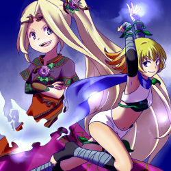 Rule 34 | 2girls, :d, age difference, armpits, arms up, bandages, blonde hair, blue eyes, blue scarf, boots, breasts, capelet, child, circlet, crop top, crossed arms, detached sleeves, dress, elbow gloves, fang, flat chest, flower, fluora, gloves, glowing, gradient hair, hair flower, hair ornament, jumping, kid icarus, kid icarus uprising, knee boots, leaning forward, leg lift, light smile, long hair, looking at viewer, looking back, lowres, midriff, multicolored hair, multiple girls, navel, nintendo, open mouth, orange hair, phosphora, plant, ponytail, profile, purple flower, purple rose, rope, rose, sandals, scarf, short hair, short shorts, shorts, side ponytail, sidelocks, small breasts, smile, spiked hair, torn clothes, vambraces, very long hair, vines, viridi