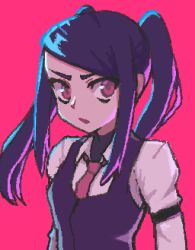 Rule 34 | 1girl, collared shirt, commentary, hcnone, highres, jill stingray, long hair, long sleeves, looking at viewer, necktie, pink background, pixel art, purple hair, red eyes, red necktie, shirt, sidelocks, simple background, solo, twintails, upper body, va-11 hall-a, vest, white shirt