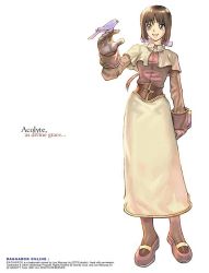 Rule 34 | 1girl, acolyte (ragnarok online), bird, bird on hand, brown eyes, brown hair, capelet, copyright name, dress, english text, engrish text, female focus, full body, gloves, hair ribbon, long hair, mary janes, myung-jin lee, official art, pantyhose, ponytail, ragnarok online, ranguage, ribbon, shoes, simple background, solo, standing, white background