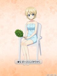 Rule 34 | 1girl, bare shoulders, barefoot, blonde hair, blue eyes, braid, chair, character name, closed mouth, commentary request, darjeeling (girls und panzer), girls und panzer, girls und panzer senshadou daisakusen!, hand fan, holding, holding fan, leaf fan, looking at viewer, naked towel, official art, on chair, orange background, short hair, sitting, smile, solo, star (symbol), towel, translated, twin braids, watermark