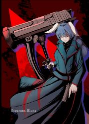 Rule 34 | 1girl, absurdres, animal ears, back cover, blue hair, coat, cover, dual wielding, earclip, english text, floppy ears, full body, gun, hammer, handgun, highres, holding, holding gun, holding hammer, holding polearm, holding weapon, huge weapon, long sleeves, looking at viewer, looking to the side, mallet, oversized object, polearm, rabbit ears, red background, red eyes, seiran (touhou), smile, solo, splatter, splatter background, touhou, trench coat, trigger discipline, war hammer, weapon, weedhollow (dokuran)