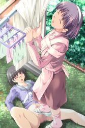 Rule 34 | 1boy, 1girl, apron, black hair, bottomless, censored, character request, clothes, copyright request, cum, cum on self, feet, footjob, glasses, hetero, highres, laundry, penis, purple hair, sandals, satou (artist), shoejob, short hair, smile, source request