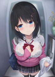 Rule 34 | 1girl, 3:, azuki yui, bag, black bra, black hair, black skirt, black thighhighs, blue eyes, blush, bow, bowtie, bra, breasts, cardigan, commentary request, door, fisheye, hair ornament, hairclip, hand on own chest, highres, holding, holding towel, indoors, large breasts, light frown, long sleeves, miniskirt, off shoulder, open cardigan, open clothes, original, pink cardigan, plaid, plaid skirt, pleated skirt, red bow, red bowtie, school bag, see-through, shelf, short hair, skirt, sleeves past wrists, solo, thighhighs, towel, underwear, vase, wet, wet clothes, zettai ryouiki